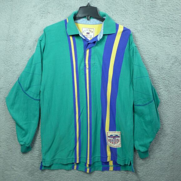Vintage Cutter and Buck Green Striped Polo Shirt Men's Size Medium Made in USA - Picture 1 of 12